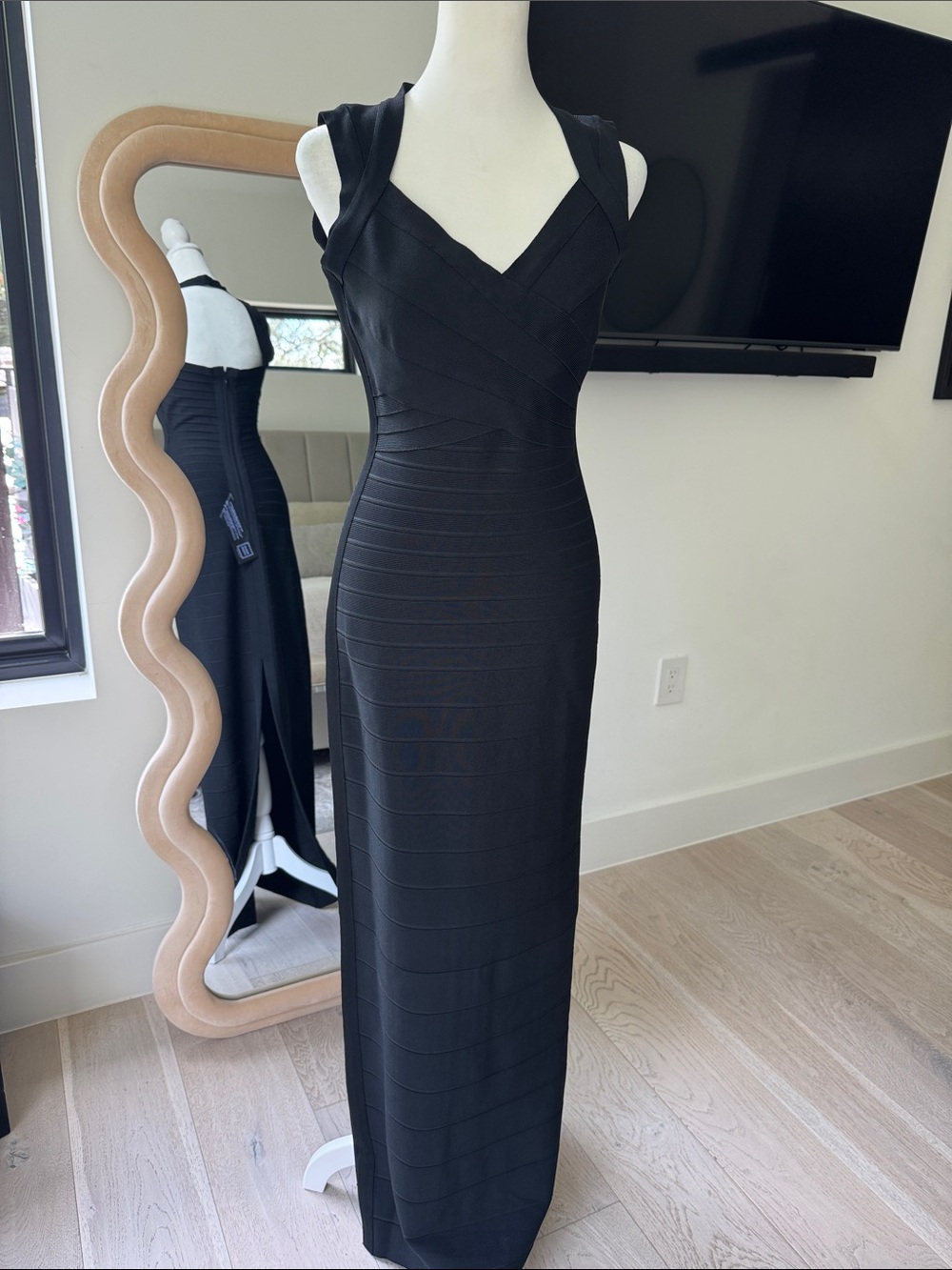 NWT HERVE LEGER Black Bandage Maxi Dress - Elegant V-Neck Evening Gown